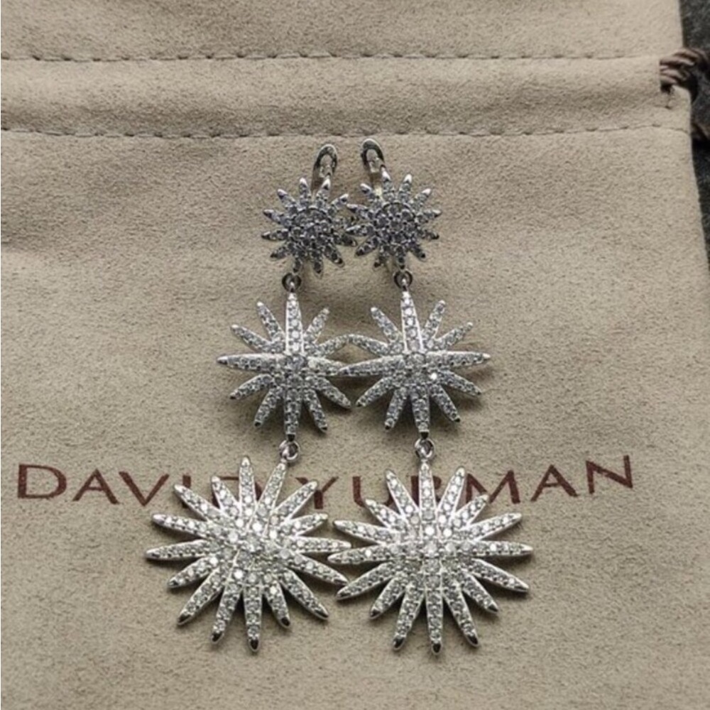 David Yurman Dazzling Silver Starburst Drop Earrings with Crystal Pavé